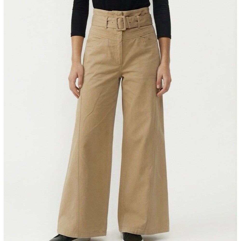 ZARA High Waist Wide Leg Pants Women’s XL Tan Belted Stretch Trousers Pockets